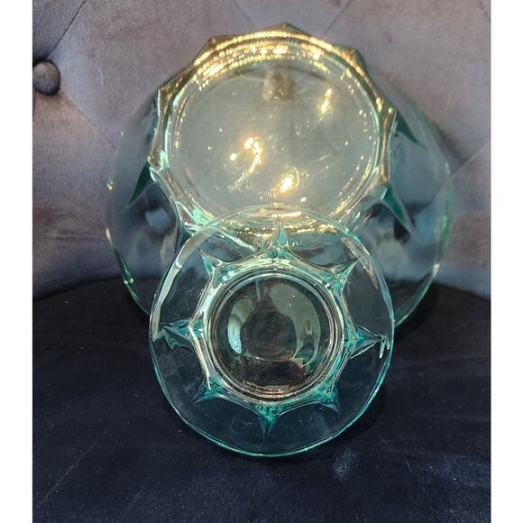 Aqua Teal Pressed Glass Console Berry and Bowl Set Scalloped Edge Starburst Base - Picture 6 of 10